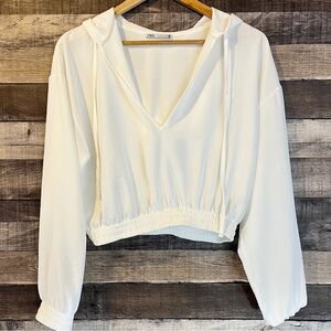 Zara Crop Top Hooded V-neck White Size-M
